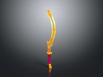 Golden Scimitar Weapon with Curved Blade Red Yellow Handle and Decorative Design 3d model