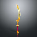 Golden Scimitar Weapon with Curved Blade Red Yellow Handle and Decorative Design