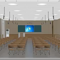 Spacious School Classroom Interior With Neatly Arranged Wooden Desks And Bright Ceiling Lights