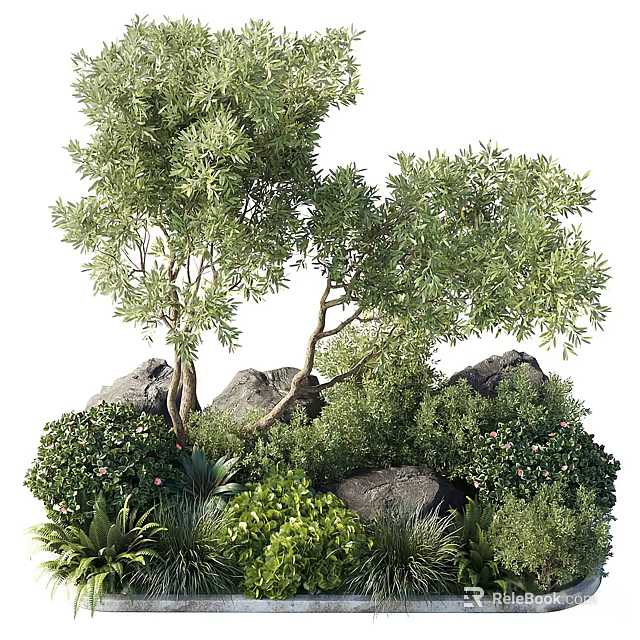 Lush Green Plants And Trees With Rocks In Natural Garden Setting 3d model 