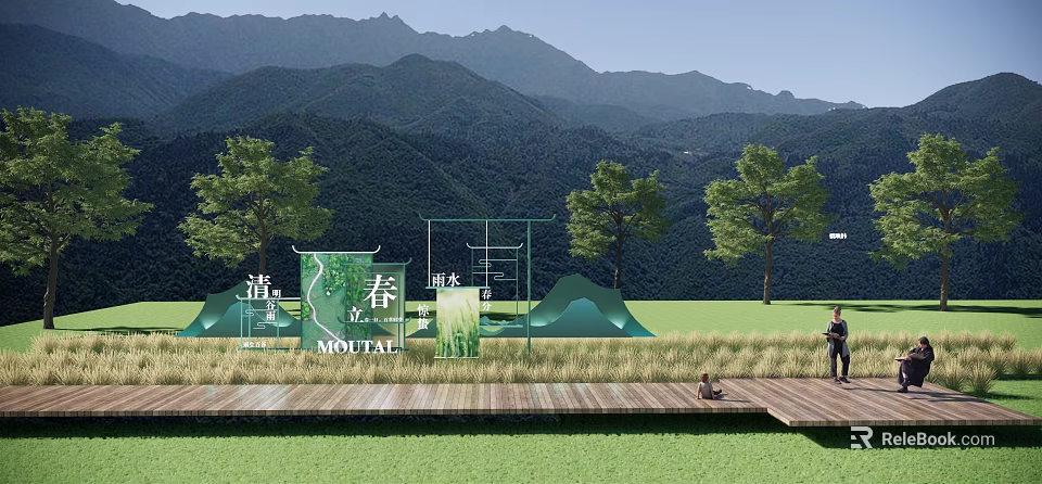 Green Spring Themed Art Installation With Mountain Water Elements On Wooden Platform In Natural Surroundings 3d model 