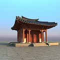 Ancient Traditional Pavilion With Curved Roof Red Wooden Pillars And Stone Pavement Under Blue Sky