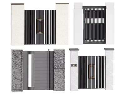 Modern Minimalist Gates With Stone Pillars Metal Slats And Bronze Handles 3d model