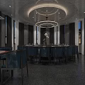 Elegant Private Dining Room Interior With Round Table Blue Chairs Dark Curtains And Chandelier