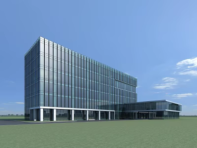 Modern Office Building With Glass Facade Green Lawn And Blue Sky Background 3d model