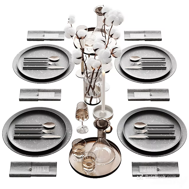 Modern Dinnerware Set with Plates Utensils Glass Vase and Decorative Flowers 3d model 