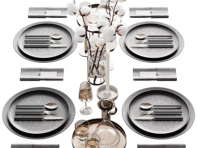 Modern Dinnerware Set with Plates Utensils Glass Vase and Decorative Flowers 3d model