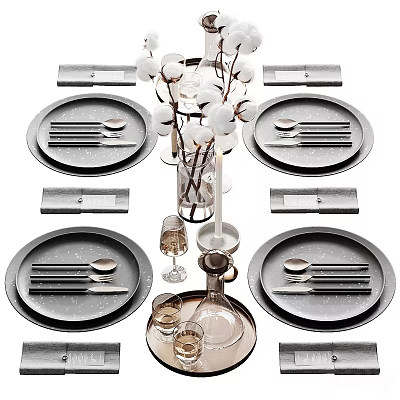 Modern Dinnerware Set with Plates Utensils Glass Vase and Decorative Flowers 3d model