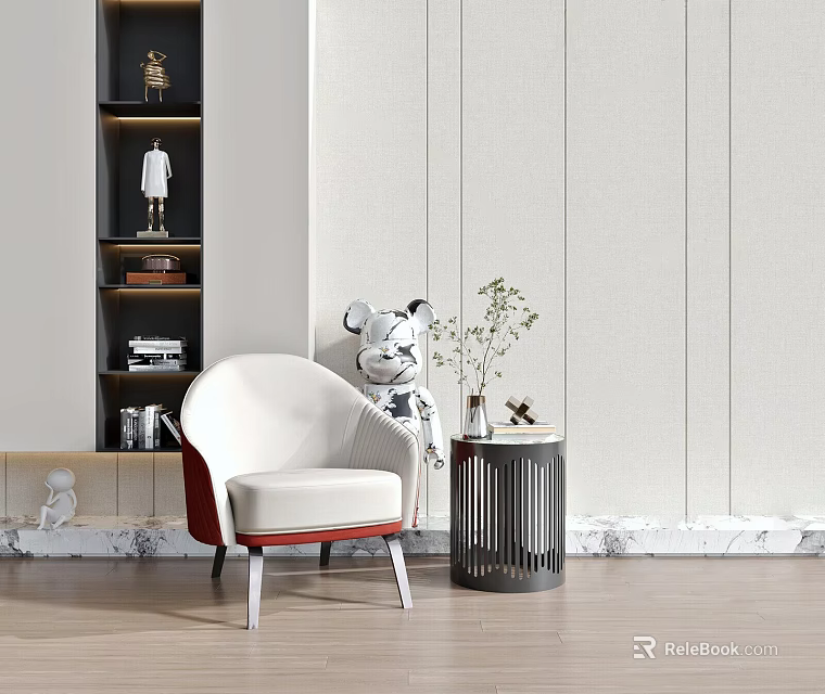 White And Red Single Sofa With Side Table Potted Plant In Light Wall Wooden Floor 3d model