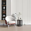 White And Red Single Sofa With Side Table Potted Plant In Light Wall Wooden Floor 3d model