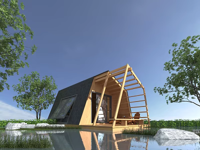 Modern A-frame Wooden House With Large Windows Surrounded By Water Trees Grass And Rocks 3d model