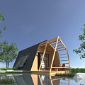 Modern A-frame Wooden House With Large Windows Surrounded By Water Trees Grass And Rocks