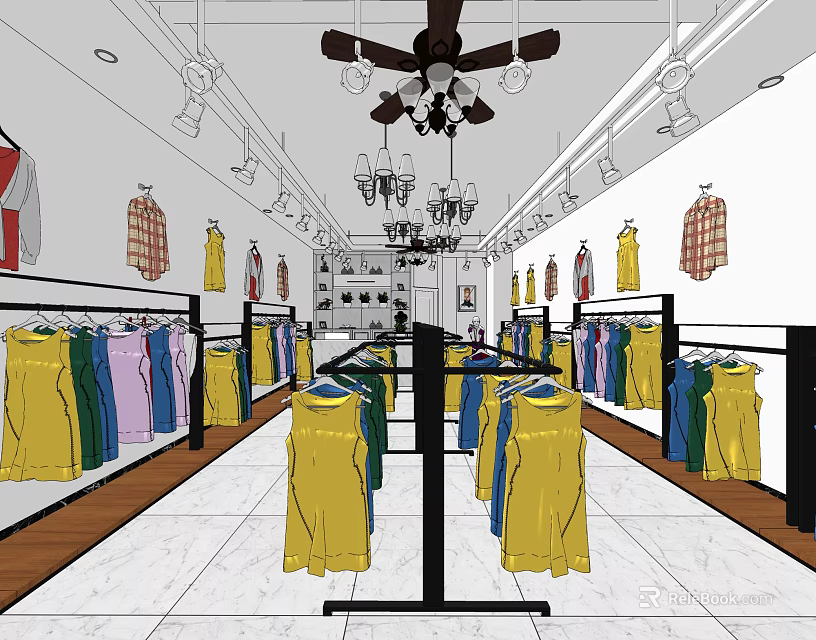 Vibrant Clothing Store Interior With Hanging Colorful Clothes Racks And Ceiling Decor 3d model 