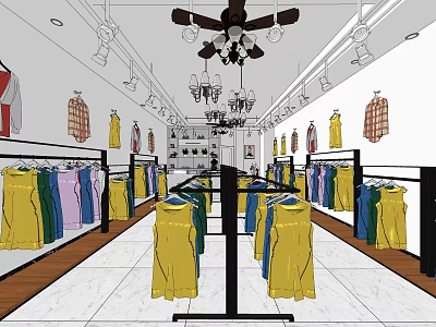 Vibrant Clothing Store Interior With Hanging Colorful Clothes Racks And Ceiling Decor 3d model