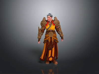 A Man with Gray Hair Wearing Brown Armor and Robe with Red Yellow Decorations 3d model