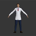 Male Doctor in White Coat Red Tie Blue Pants Brown Shoes Standing Against Gray Background