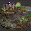 Cartoon Cliffside Scene With Small Houses Green Trees Stream Campfire And Wooden Bridge