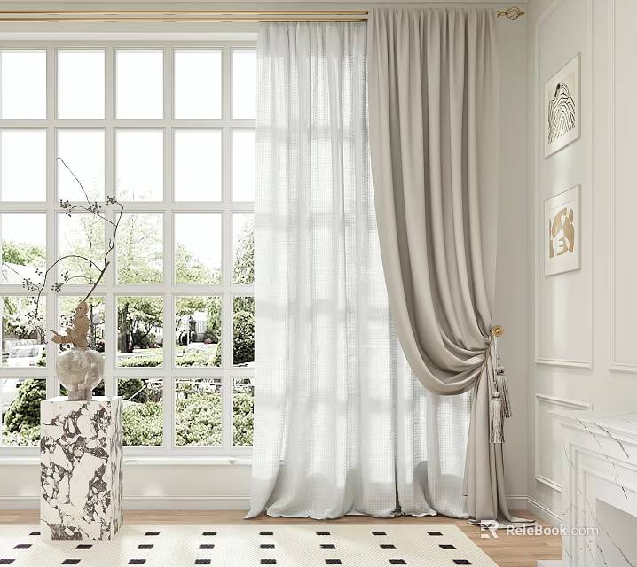 Light Gray Linen Curtains In Modern Room With Large Window And Marble Side Table 3d model 