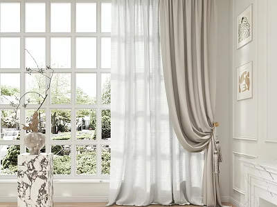 Light Gray Linen Curtains In Modern Room With Large Window And Marble Side Table 3d model