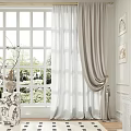 Light Gray Linen Curtains In Modern Room With Large Window And Marble Side Table