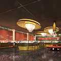 Modern Luxury Front Desk With Red Counter Round Pendant Light Marble Wall Gold Chinese Elements