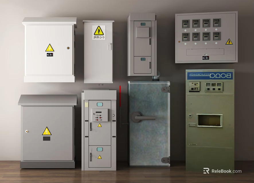 Industrial Control Cabinets With Various Designs Control Panels And Warning Signs 3d model 