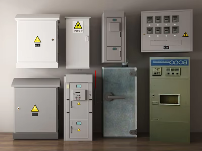 Industrial Control Cabinets With Various Designs Control Panels And Warning Signs 3d model