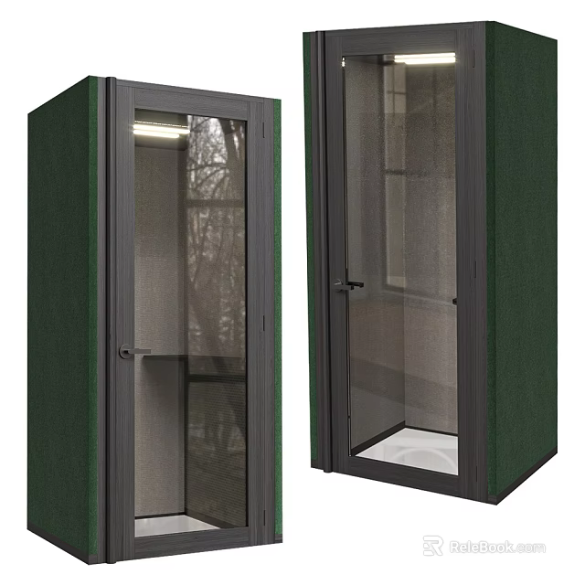 Public Soundproof Booth With Green Exterior Glass Door Metal Frame And Interior Lighting 3d model 
