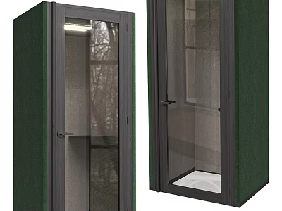 Public Soundproof Booth With Green Exterior Glass Door Metal Frame And Interior Lighting 3d model