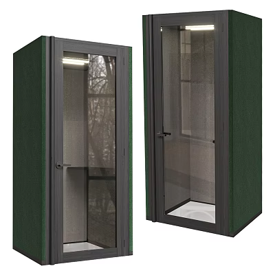 Public Soundproof Booth With Green Exterior Glass Door Metal Frame And Interior Lighting 3d model