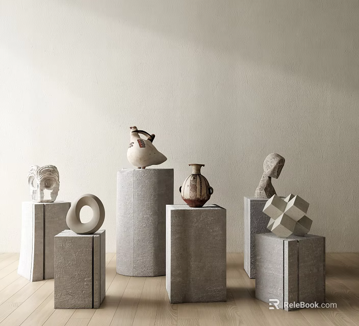 Various Shaped Sculptures Displayed on Gray Stone Pedestals with Light Colored Walls and Wooden Floor 3d model 