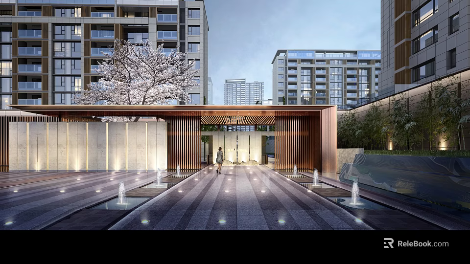 Modern Residential Entrance Landscape With Fountains Cherry Blossom Tree And Walkway 3d model 