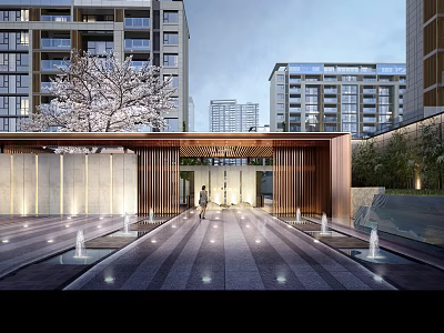Modern Residential Entrance Landscape With Fountains Cherry Blossom Tree And Walkway 3d model