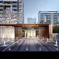 Modern Residential Entrance Landscape With Fountains Cherry Blossom Tree And Walkway