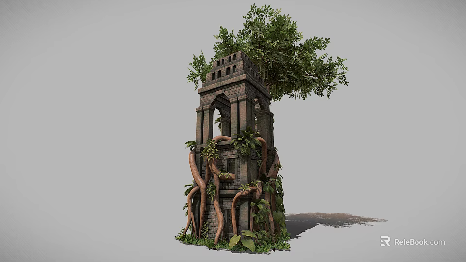 Ancient Stone Brick Tower Architecture With Arched Window Surrounded by Vines and Trees 3d model 