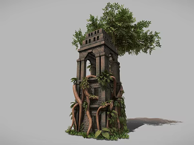 Ancient Stone Brick Tower Architecture With Arched Window Surrounded by Vines and Trees 3d model