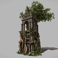 Ancient Stone Brick Tower Architecture With Arched Window Surrounded by Vines and Trees 3d model