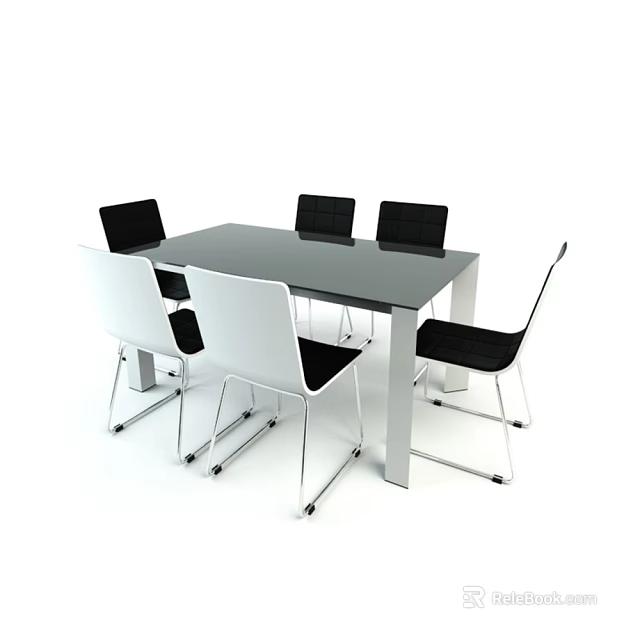 Modern Rectangular Glass Top Dining Table Set With Metal Legs And Black White Chairs 3d model 