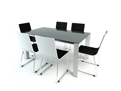Modern Rectangular Glass Top Dining Table Set With Metal Legs And Black White Chairs 3d model