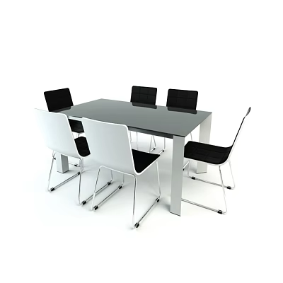 Modern Rectangular Glass Top Dining Table Set With Metal Legs And Black White Chairs 3d model