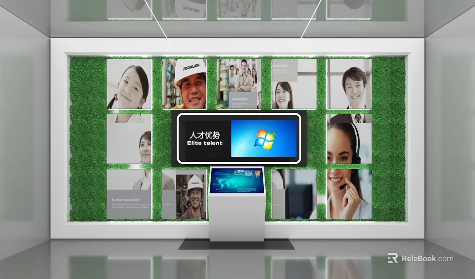 Talent Recruitment Exhibition Wall Featuring People Photos Green Background Digital Screen And Display Stand 3d model 