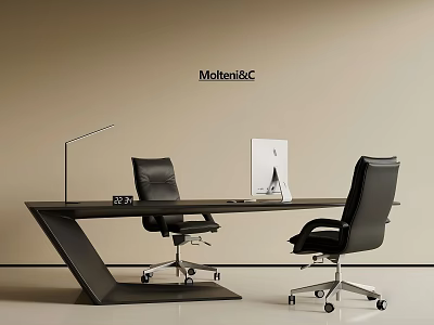 Modern Black Office Desk With Desk Lamp iMac Two Black Office Chairs Against Beige Wall 3d model