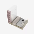 Wooden Kids Bed with White Pink Cabinet Open Shelves and Light Colored Sheets