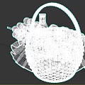 Wicker Basket With Red And White Checkered Ruffled Edge Holding Grapes Peaches And Small Bottle
