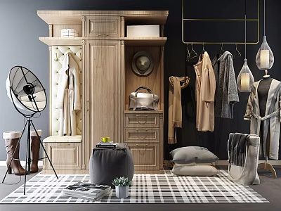 Wooden Wardrobe with Hanging Clothes Hat Bag Ottoman Checkered Rug and Floor Lamp 3d model