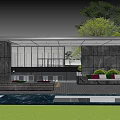 Modern Sales Office Building With Glass Curtain Walls Water Pond And Greenery
