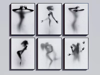 Abstract Black and White Silhouette Artworks With Human Figures in Various Poses on Wall 3d model