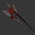 Ornate Red And Golden Axe Weapon With Flame Like Patterns And Long Handle