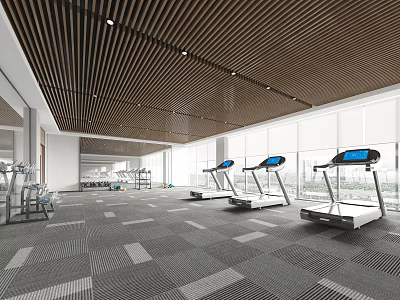Modern Spacious Gym Interior With Treadmills And Equipment 3d model