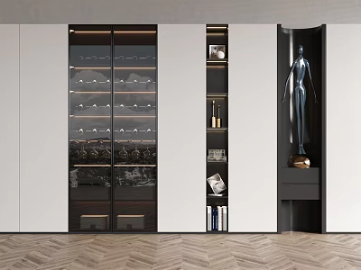 Modern Wine Cabinet With Glass Doors Displayed Wine Bottles And Elegant Sculpture 3d model